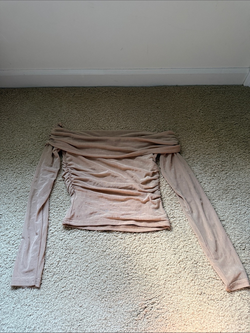 Off-Shoulder Ruched Long-Sleeve Top in Blush